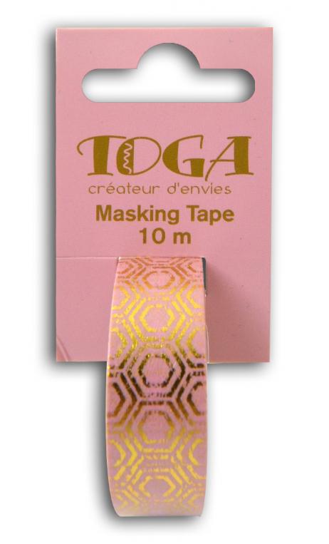 Masking tape rosa hexagonos dorados-10m