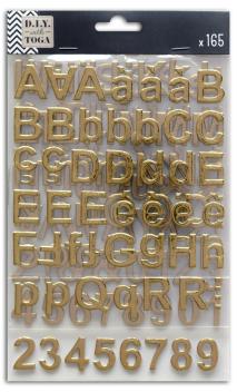 3 hojas pegatinas alfabeto chipboard oro