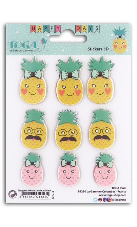 1 plancha 9 stickers 3d ananas - happy days