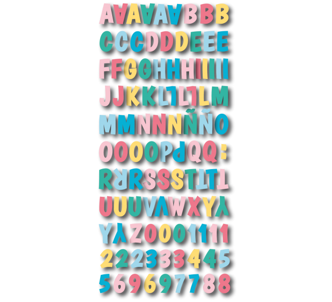 Alfabeto Puffy "Confeti"103 piezas adhesivas(78 letras/25 números)3D  a color