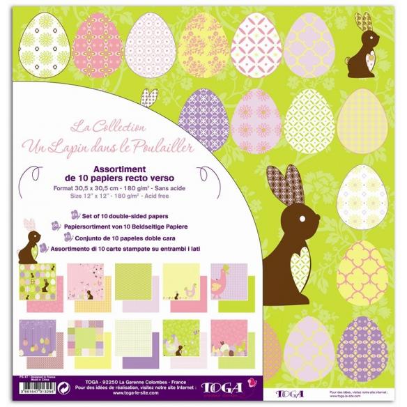 Set 10 papeles R/V 30x30  Un conejo en un gallinero 